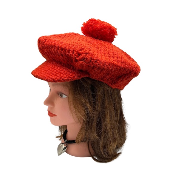 Handmade Deep Orange Crochet Beret Hat with Visor & Pom Pom Retro Puff Cap BX26 - Picture 3 of 7